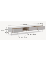 DAMOR TV stand 195x35h cm in white lacquered MDF and white steel legs