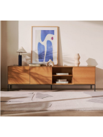 ASTRA sideboard or TV stand 195x55h cm 3 oak veneered doors and black steel legs