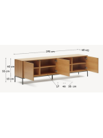 ASTRA sideboard or TV stand 195x55h cm 3 oak veneered doors and black steel legs