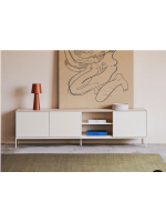 DAMOR sideboard or TV cabinet 195x55h cm 3 doors in white lacquered MDF and white steel legs