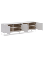 DAMOR sideboard or TV cabinet 195x55h cm 3 doors in white lacquered MDF and white steel legs