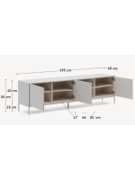 DAMOR sideboard or TV cabinet 195x55h cm 3 doors in white lacquered MDF and white steel legs