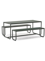 EASY conjunto de mesa 183x83 cm y 2 bancos de diseño en acero galvanizado verde para exterior