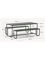 EASY table set 183x83 cm and 2 benches in green galvanized steel design for outdoor use