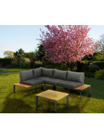 BACARD corner set 230x163 cm in aluminum and oak finish and cushions included for indoor or outdoor garden terraces