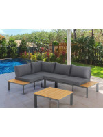 BACARD corner set 230x163 cm in aluminum and oak finish and cushions included for indoor or outdoor garden terraces