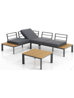 BACARD corner set 230x163 cm in aluminum and oak finish and cushions included for indoor or outdoor garden terraces