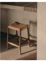 MOGAN stool with seat h 65 cm in solid oak wood with walnut finish and rope