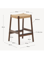 MOGAN stool with seat h 65 cm in solid oak wood with walnut finish and rope