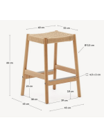 ELART Hocker mit Sitzhöhe 65 cm aus massivem Eichenholz mit natürlichem Finish und Seil