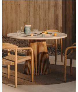 DESDEMONA Designtisch mit ⌀ 90 oder ⌀ 120 cm aus Teakholz und weißer Betonplatte für die Innen und Außeneinrichtung