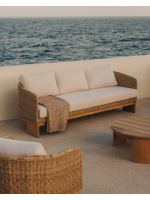 AMAR 3-Sitzer-Sofa 220 cm aus massivem Eukalyptusholz und synthetischem Rattan und abnehmbaren Kissen für drinnen und draußen