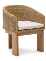 AMAR chaise avec accoudoirs en bois d'eucalyptus massif et rotin synthétique et coussin amovible pour l'intérieur et l'extérieur