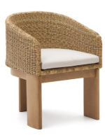 AMAR chaise avec accoudoirs en bois d'eucalyptus massif et rotin synthétique et coussin amovible pour l'intérieur et l'extérieur