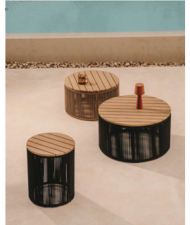 BANDARA table basse ⌀ 60 ou ⌀ 70 cm avec structure en acier et corde noir et plateau en bois d'acacia massif