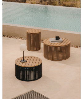 GRINCE table basse ⌀ 60 ou ⌀ 70 cm avec structure en acier et corde beige et plateau en bois d'acacia massif