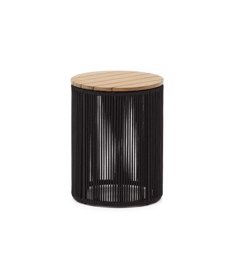 KINDY table basse ⌀ 40 cm avec structure en acier et corde noir ou beige et plateau en bois d'acacia massif