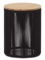 KINDY Couchtisch ⌀ 40 cm mit Stahlgestell und Schwarz oder beige Seil und Platte aus massivem Akazienholz