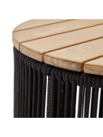 KINDY table basse ⌀ 40 cm avec structure en acier et corde noir ou beige et plateau en bois d'acacia massif