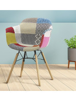 KENNA Fauteuil en tissu patchwork et pieds en bois et mobilier design en métal