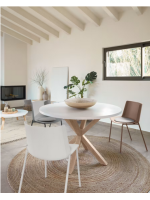 LIVREA table diam 120 cm plateau blanc et base en métal couleur bois design