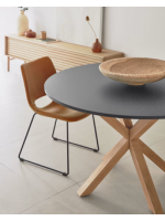 ALBINO Tischplatte mit 120 cm Durchmesser schwarze Platte und Metallbasis in Holzfarbe Design