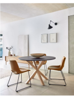 ALBINO Tischplatte mit 120 cm Durchmesser schwarze Platte und Metallbasis in Holzfarbe Design