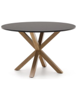 ZENIT Mesa Ø 120 o 150 cm tapa de cristal negro y base de metal color madera