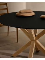 ZENIT tavolo Ø 120 o 150 cm piano in vetro nero e base in metallo color legno design