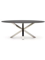 TERGIS oval table 200x100 cm black tempered glass top and stainless steel base home design