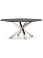TERGIS oval table 200x100 cm black tempered glass top and stainless steel base home design