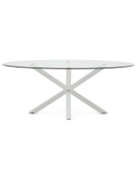ODREA Ovaler Tisch 200 x 100 cm Tischplatte aus gehärtetem Glas und weißer Stahlsockel Heimdesign