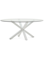 ODREA Ovaler Tisch 200 x 100 cm Tischplatte aus gehärtetem Glas und weißer Stahlsockel Heimdesign