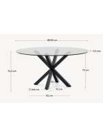ABREL diam 150 cm gambe in acciaio color legno e piano in vetro temperato tavolo rotondo fisso design