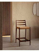 NIKOL stool with seat h 70 cm in solid oak wood with walnut finish and rope