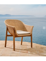 DONALD sedia con braccioli in legno massello di teak e rattan sintetico e cuscino sfoderabile per esterno e per interno