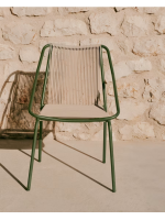 EDFU chair with armrests in ecru synthetic rope and green galvanized steel legs for outdoors