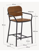 IVREA tabouret avec accoudoirs h 65 en aluminium noir et bois d'eucalyptus massif pour l'extérieur