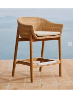 DONALD Taburete 65 o 75 cm de madera maciza de teca y ratán sintético y cojine desenfundable para interior y exterior