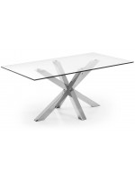 LUXOR mesa de diseño fija de 160 o 180 o 200 cm tapa de cristal y patas de acero inoxidable