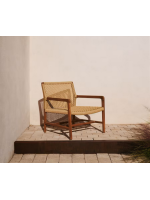 AMUT chaise avec accoudoirs en bois de teck naturel massif et corde pour jardin extérieur ou terrasse