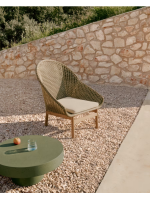 BETTY Sessel aus massivem Teakholz und synthetischem Rattan und abnehmbarem Kissen für drinnen und draußen