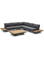 ARISA canapé d'angle et table basse avec structure en bois de teck massif pieds en aluminium et coussins en tissu d'extérieur