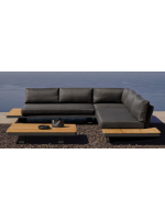 ARISA canapé d'angle et table basse avec structure en bois de teck massif pieds en aluminium et coussins en tissu d'extérieur