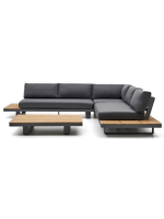 ARISA canapé d'angle et table basse avec structure en bois de teck massif pieds en aluminium et coussins en tissu d'extérieur