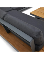 ARISA canapé d'angle et table basse avec structure en bois de teck massif pieds en aluminium et coussins en tissu d'extérieur