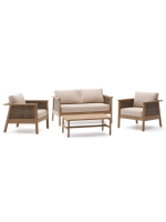 FILIPH Sofagarnitur 128 cm und 2 Sessel und Rattan und Kissen inklusive und Couchtisch aus massivem Akazienholz
