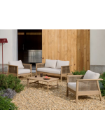 FILIPH set divano 128 cm e 2 poltrone e tavolino in legno massello di acacia e rattan e cuscini inclusi per esterno o interno