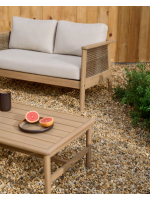 FILIPH set divano 128 cm e 2 poltrone e tavolino in legno massello di acacia e rattan e cuscini inclusi per esterno o interno