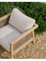 FILIPH ensemble canapé 128 cm et 2 fauteuils et rotin et coussins inclus et table basse en bois d'acacia massif